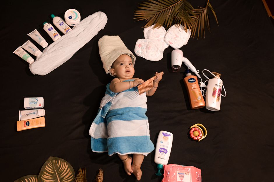 Baby care products arranged on a table