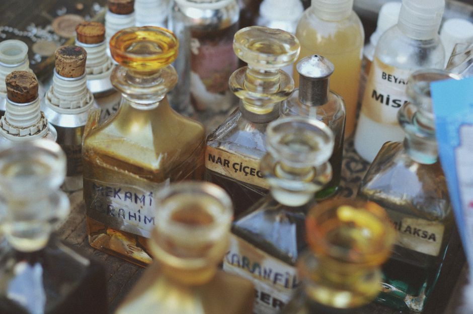 Perfume bottles on a tray