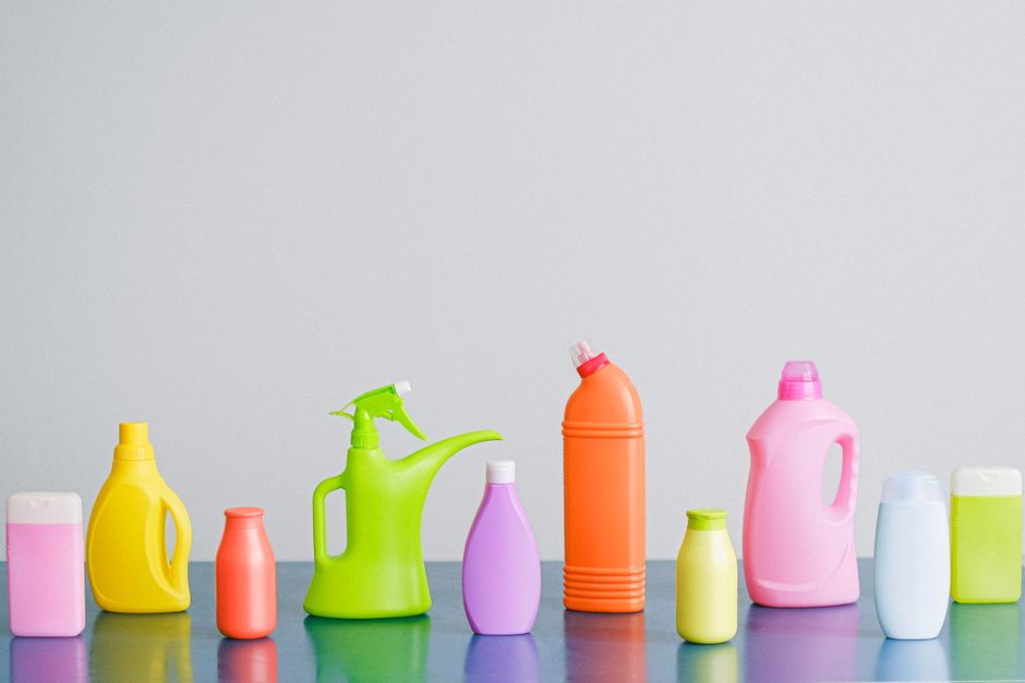 Household cleaning products on a shelf